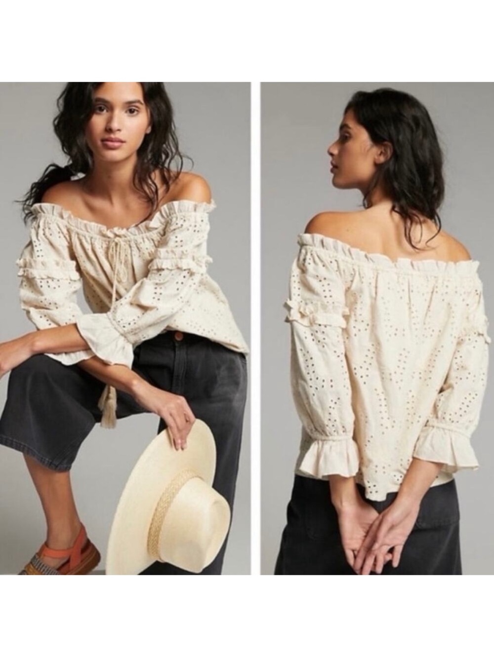 Anthro Seen Worn Kept Jane Eyelet Lace Off- The-Shoulder Shoulder Blouse Size 6